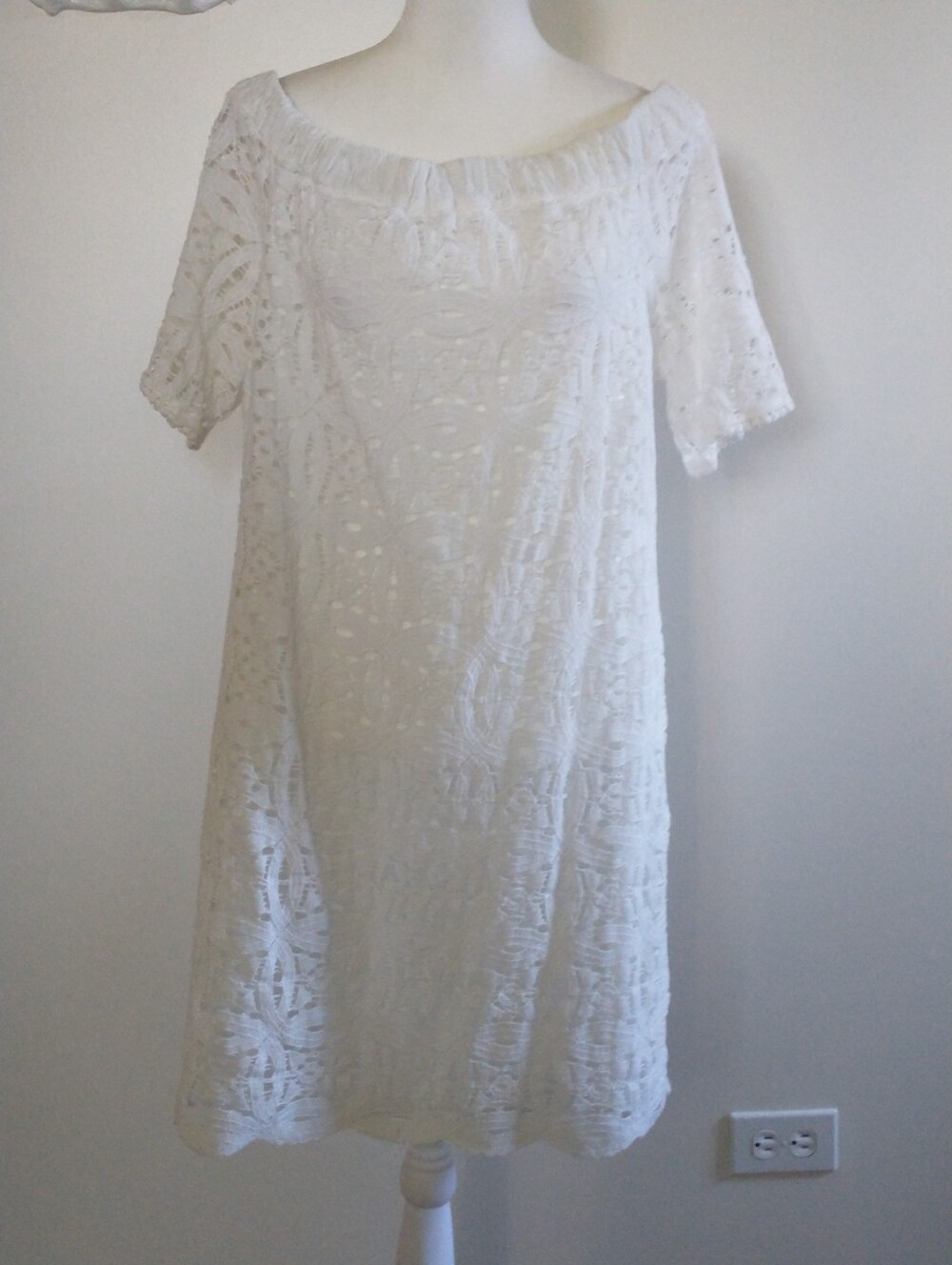Chico's White Eyelet Lace Off-Shoulder Dress Size 3 Petite 16 XL Coastal Beach
